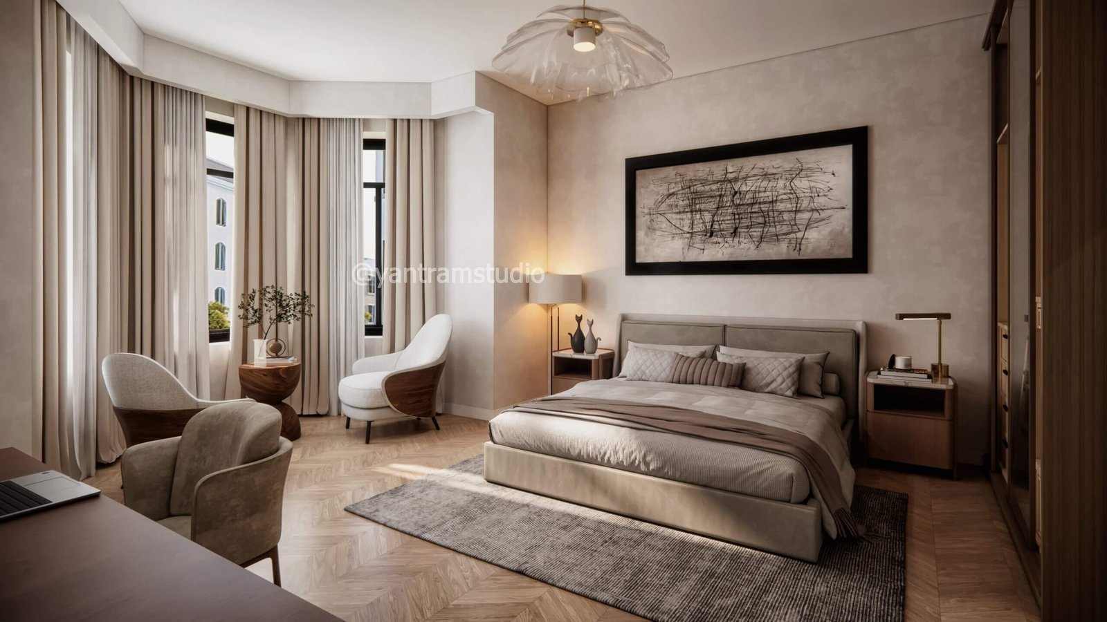 Bedroom with taupe upholstered headboard, warm wood furniture, and soft ambient lighting