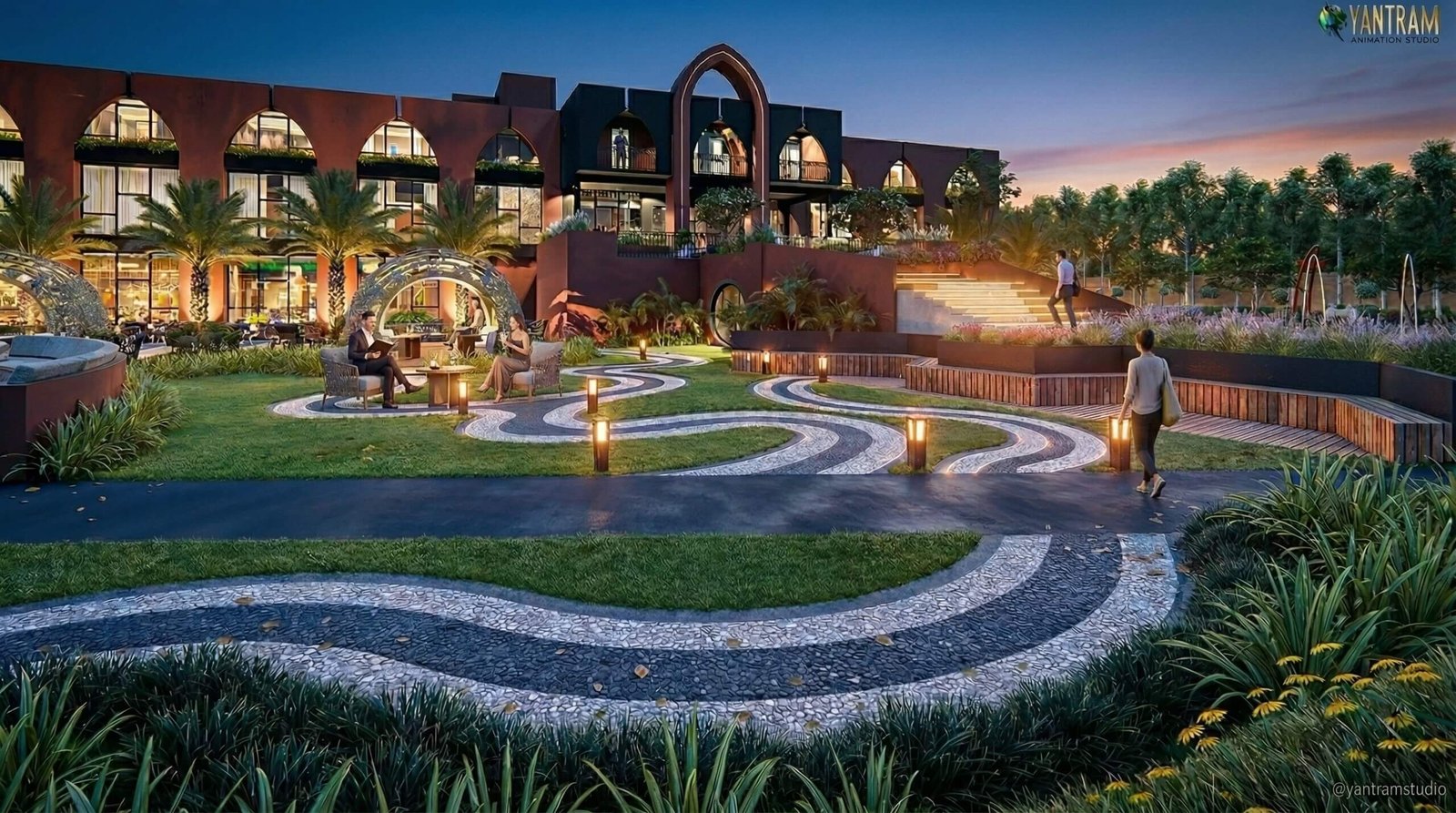 3D architectural rendering of a resort landscape featuring curved walking paths, lawn seating steps, pergola structures, and evening garden lighting – 3D architectural visualization by Yantram Studio