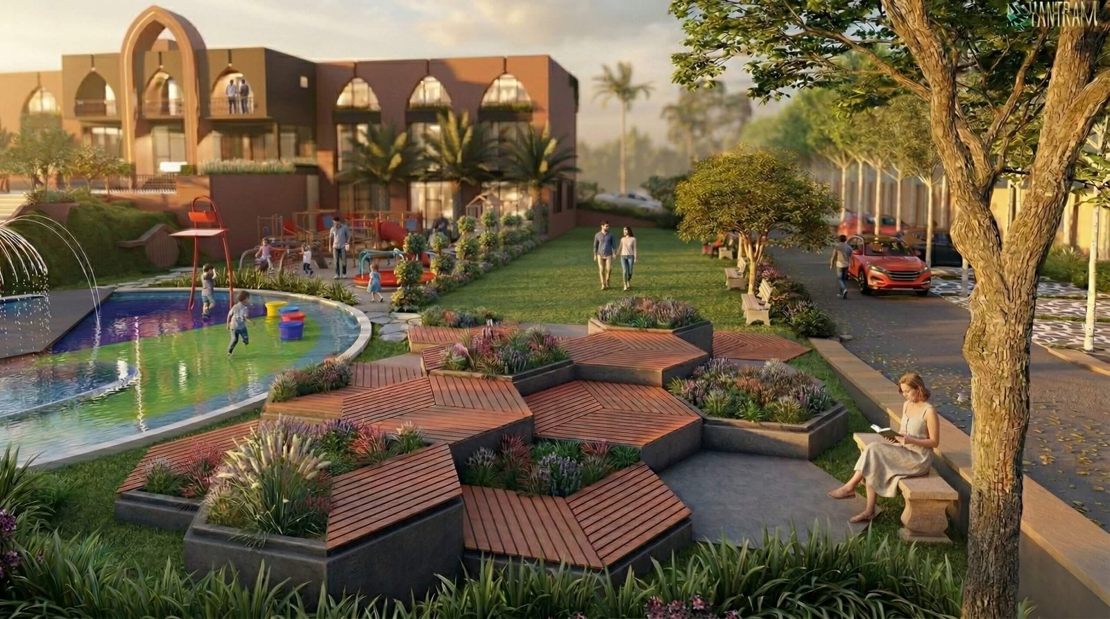 3D rendering of a family recreation park with a kids’ splash pool, hexagonal wooden seating platforms, landscaped greenery, and a resort-style building in the background– 3D exterior rendering by Yantram Studio