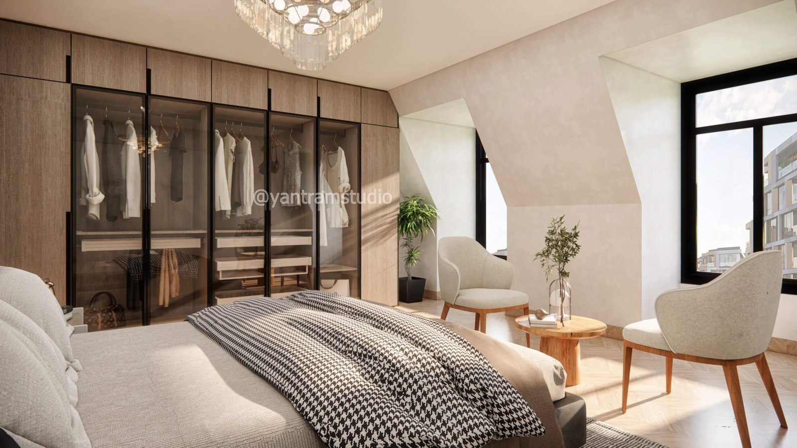 Bedroom with wood-frame wardrobe closet, soft neutral tones, and corner seating area