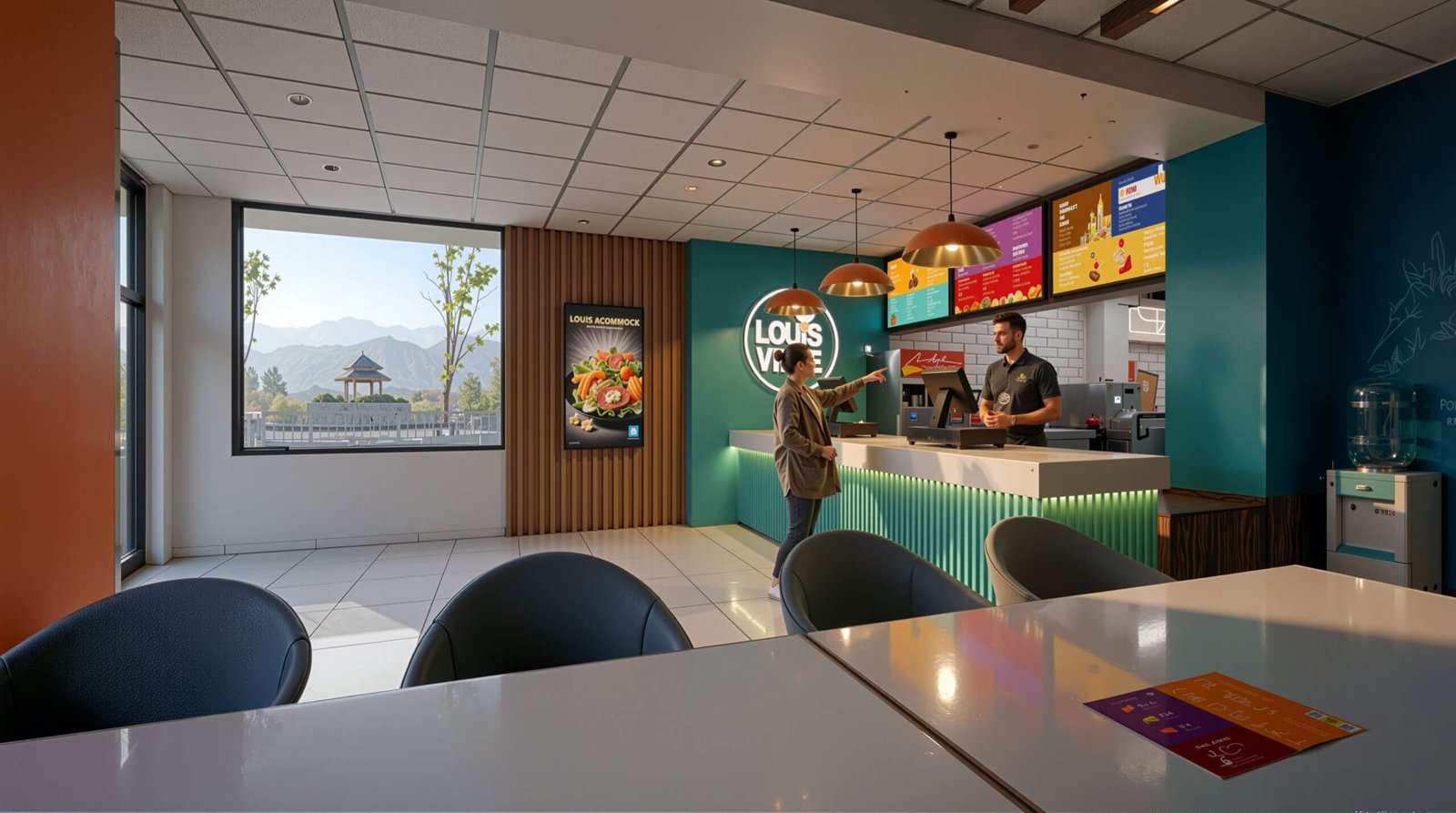 Modern fast-food restaurant interior rendering by YantramStudio with ordering counter, digital menu boards, pendant lighting, large window view, and contemporary seating area.