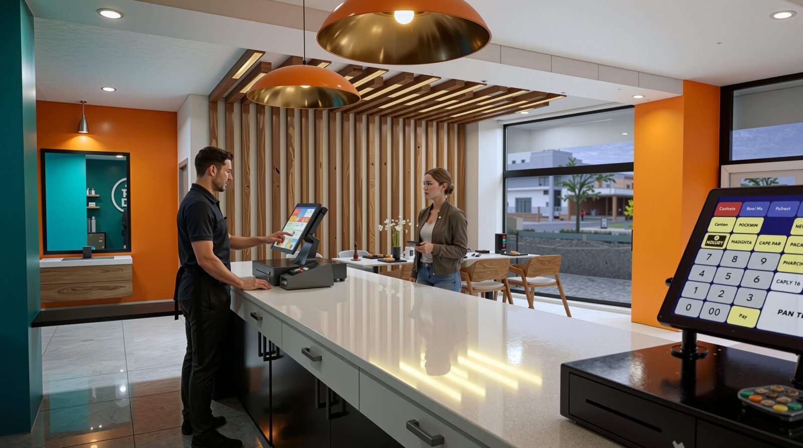 Modern fast-food restaurant counter interior visualization by YantramStudio with POS system, pendant lighting, wooden ceiling slats, and contemporary dining area.