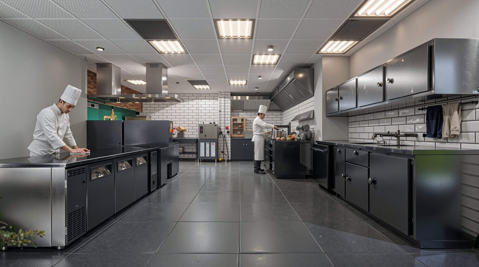 Commercial restaurant kitchen interior visualization by YantramStudio featuring stainless steel workstations, professional cooking equipment, chefs preparing food, and modern ventilation systems.