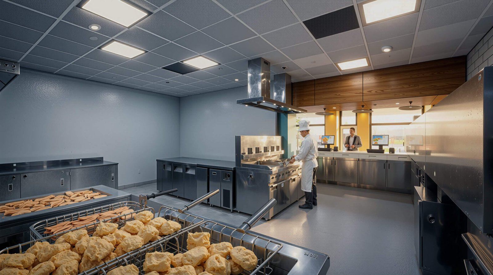 Commercial restaurant kitchen visualization by YantramStudio with stainless steel cooking stations, industrial fryers, ventilation hood, and chef preparing food.