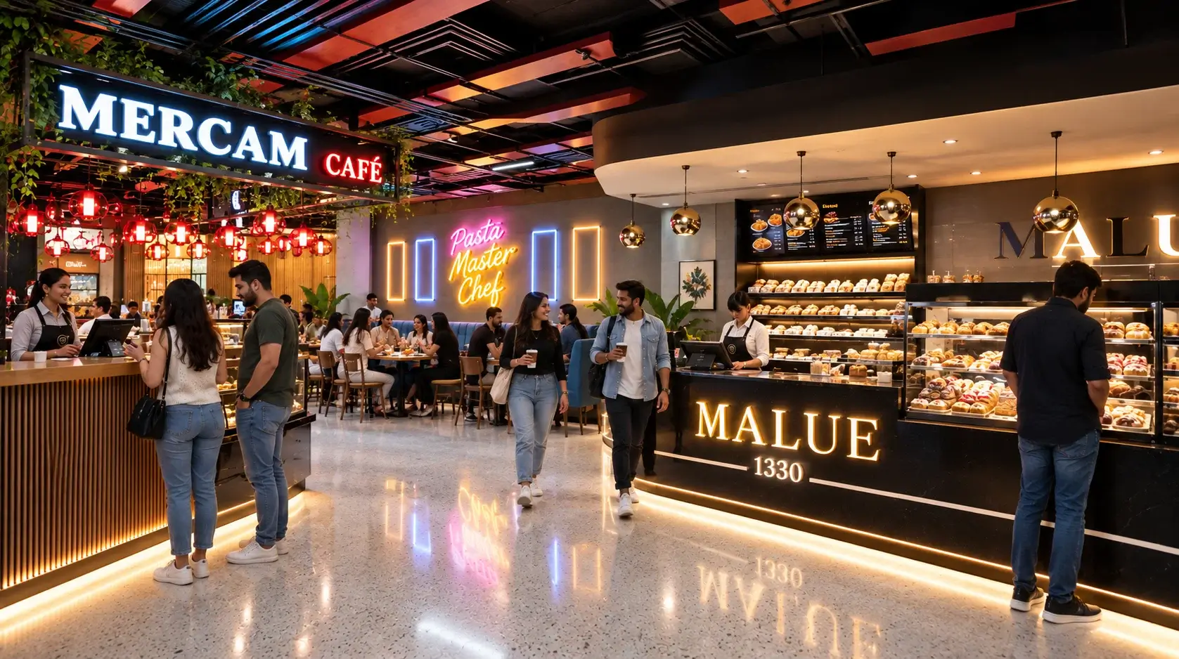 Cafe-bakery interior with neon signage, exposed seating, and pastry display counter
