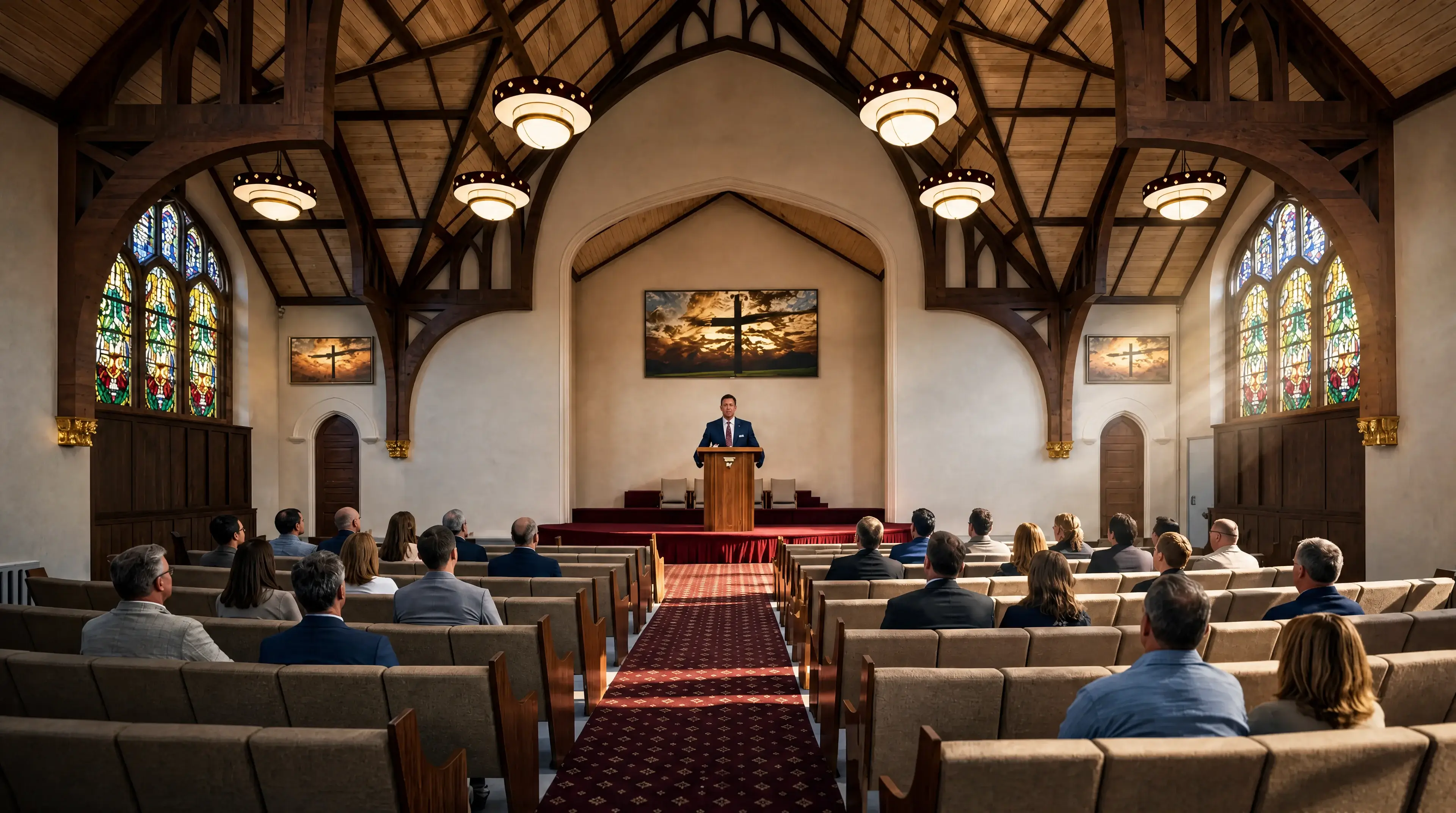 Church hall interior with wooden seating, ambient lighting and cafeteria area in New York