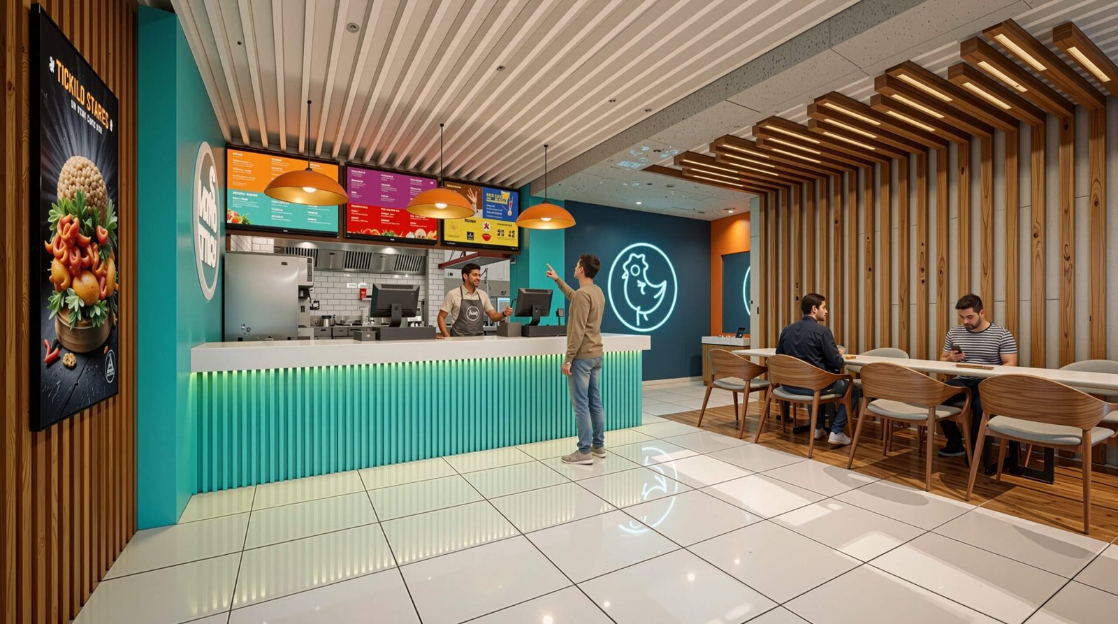Contemporary restaurant interior with illuminated counter, wooden ceiling design, and customer seating area in 3D rendering by Yantram Studio