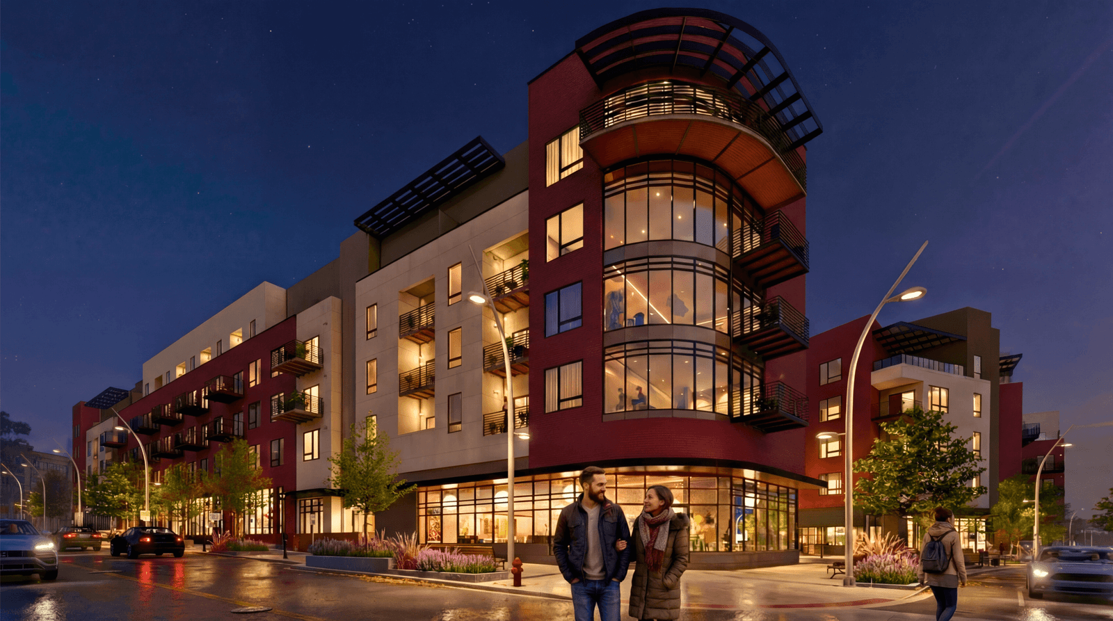 Photorealistic 3D architectural rendering of a modern mixed-use apartment building with retail at night in an urban city setting by Yantram Studio