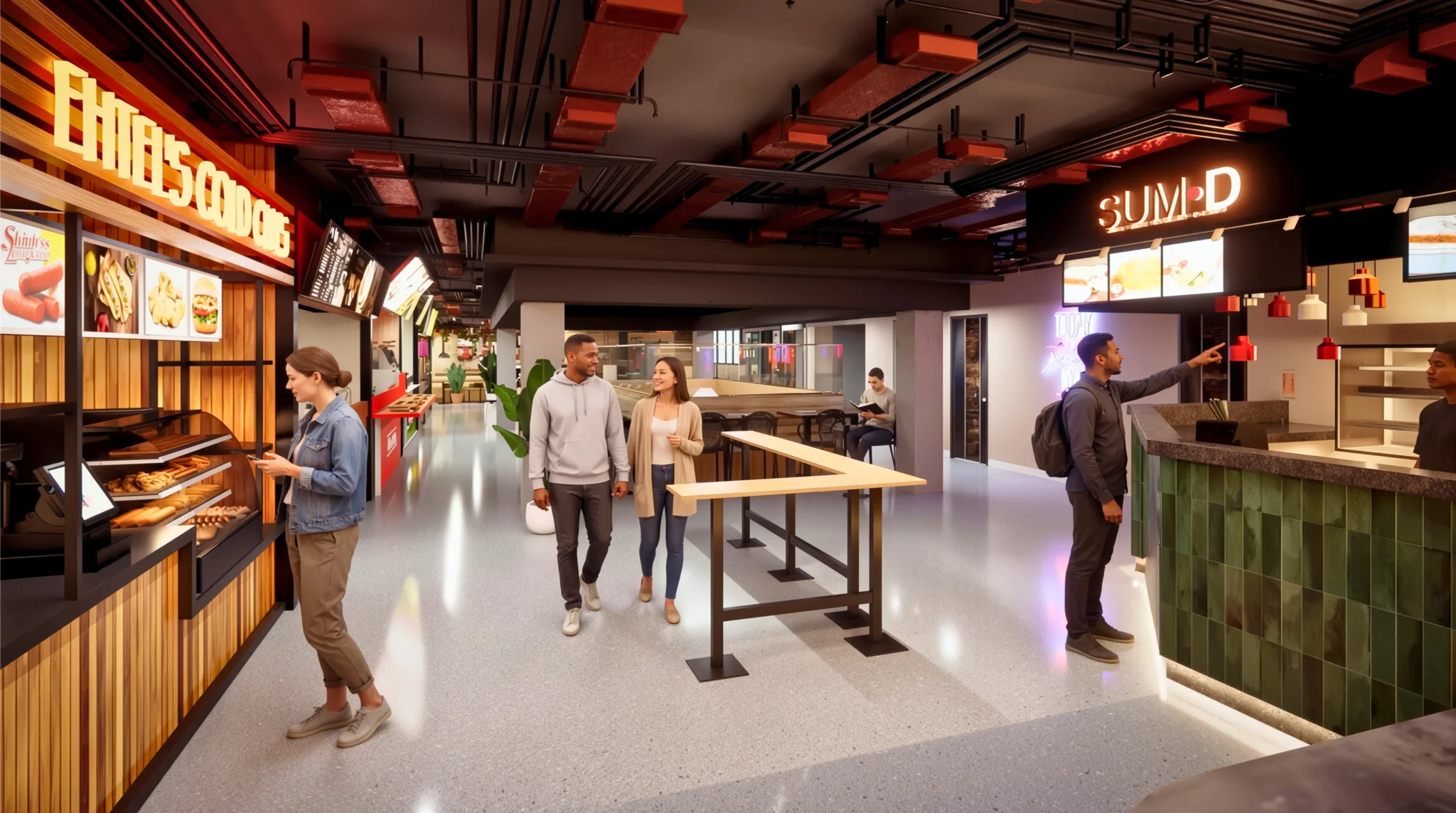 Modern food court interior with branded food stalls, ordering counters, and people walking in mall dining area