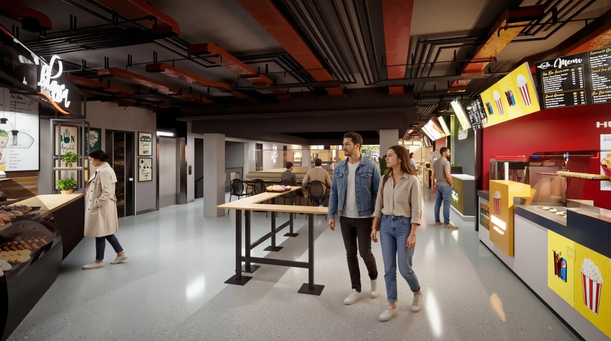 Modern food court walkway with food counters, casual seating, and people walking inside shopping mall-3D architectural visualization by Yantram Studio