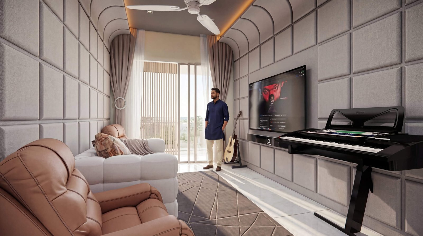 Luxury living room with home theater setup, wall paneling, piano, and modern seating in 3D rendering – 3D rendering by Yantram Studio