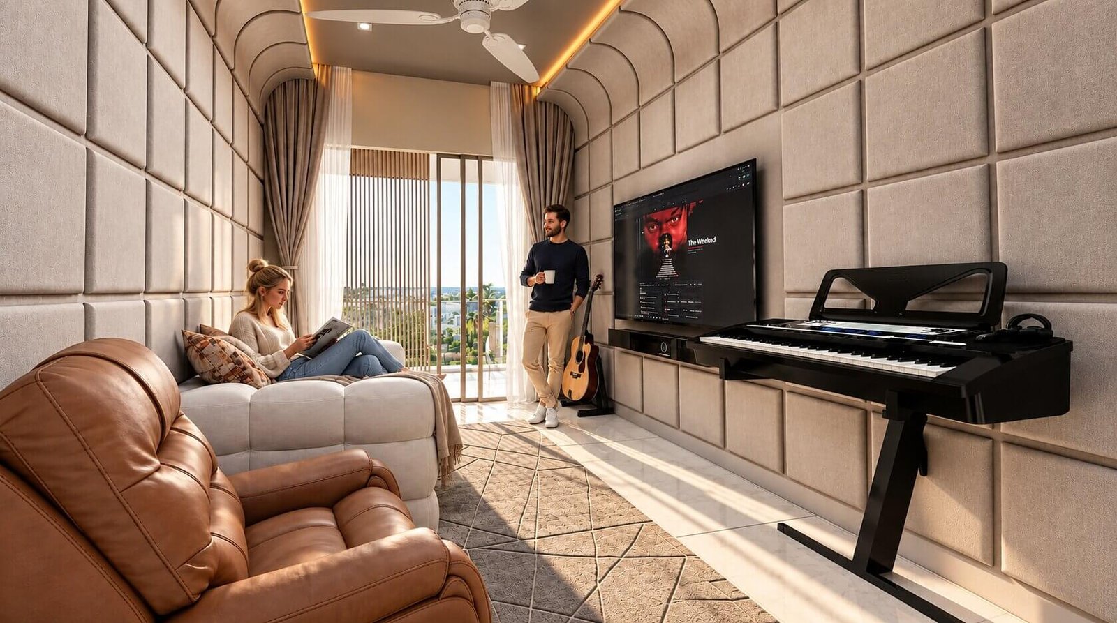 Acoustic-paneled media room with electronic piano, TV, and brown recliner — Classic Living Room Visualization