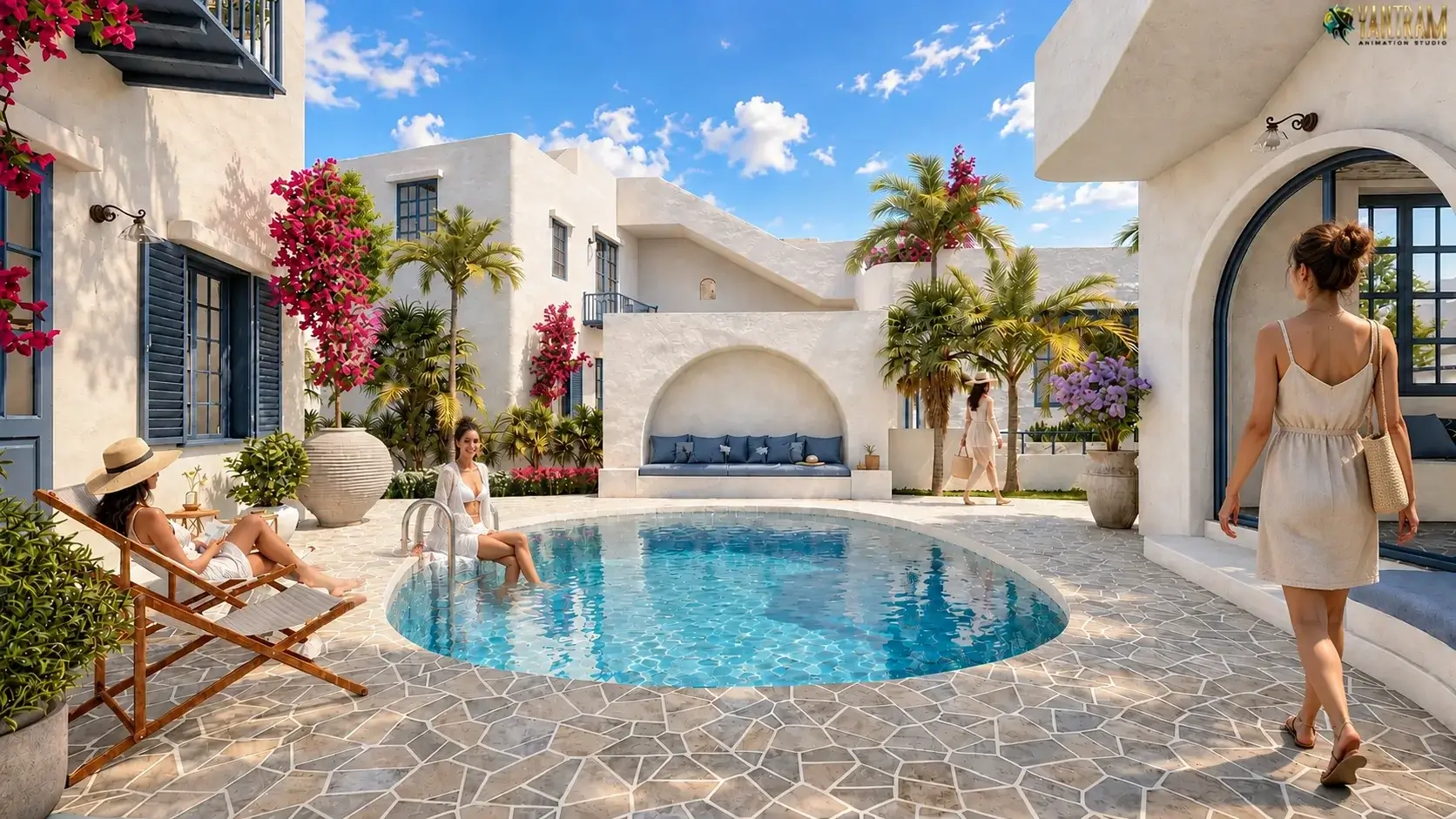Luxury villa courtyard with pool and Mediterranean style