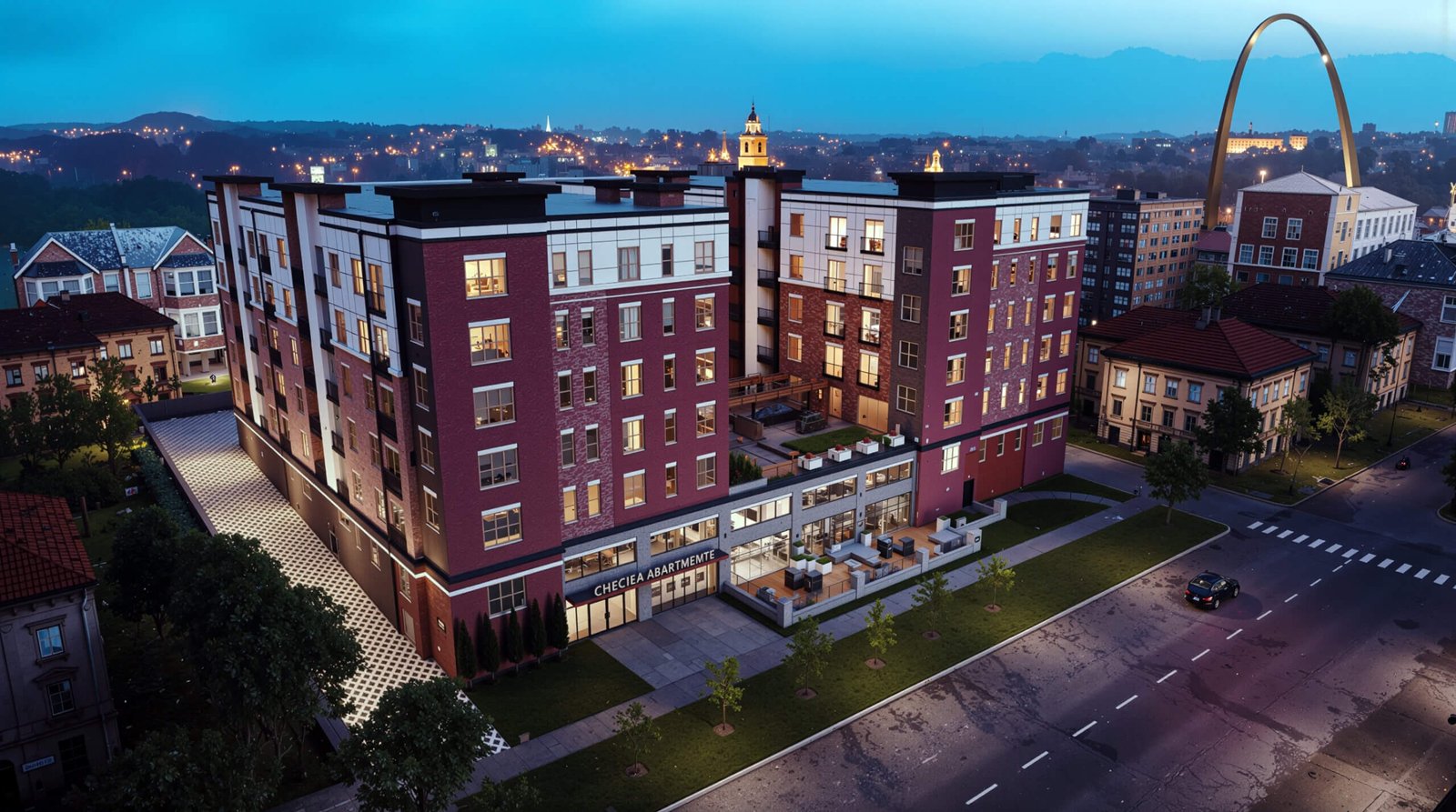 Urban mixed-use residential complex with retail spaces at ground level and city skyline in background at dusk – 3D rendering by Yantram Studio