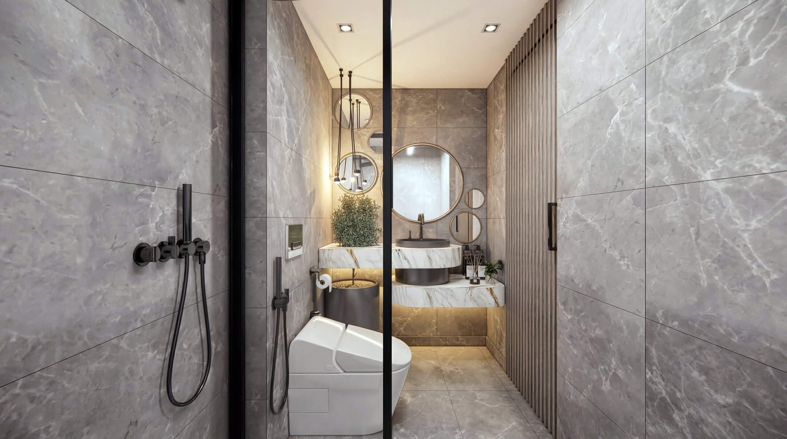 Modern bathroom interior with marble tiles, walk-in shower, floating vanity, and warm lighting in 3D rendering – 3D architectural visualization by Yantram Studio