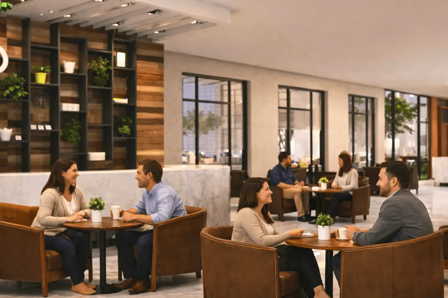Modern café lounge interior with people seated at tables, warm wood finishes, glass partitions, and cozy seating areas– 3D interior rendering  by Yantram Studio