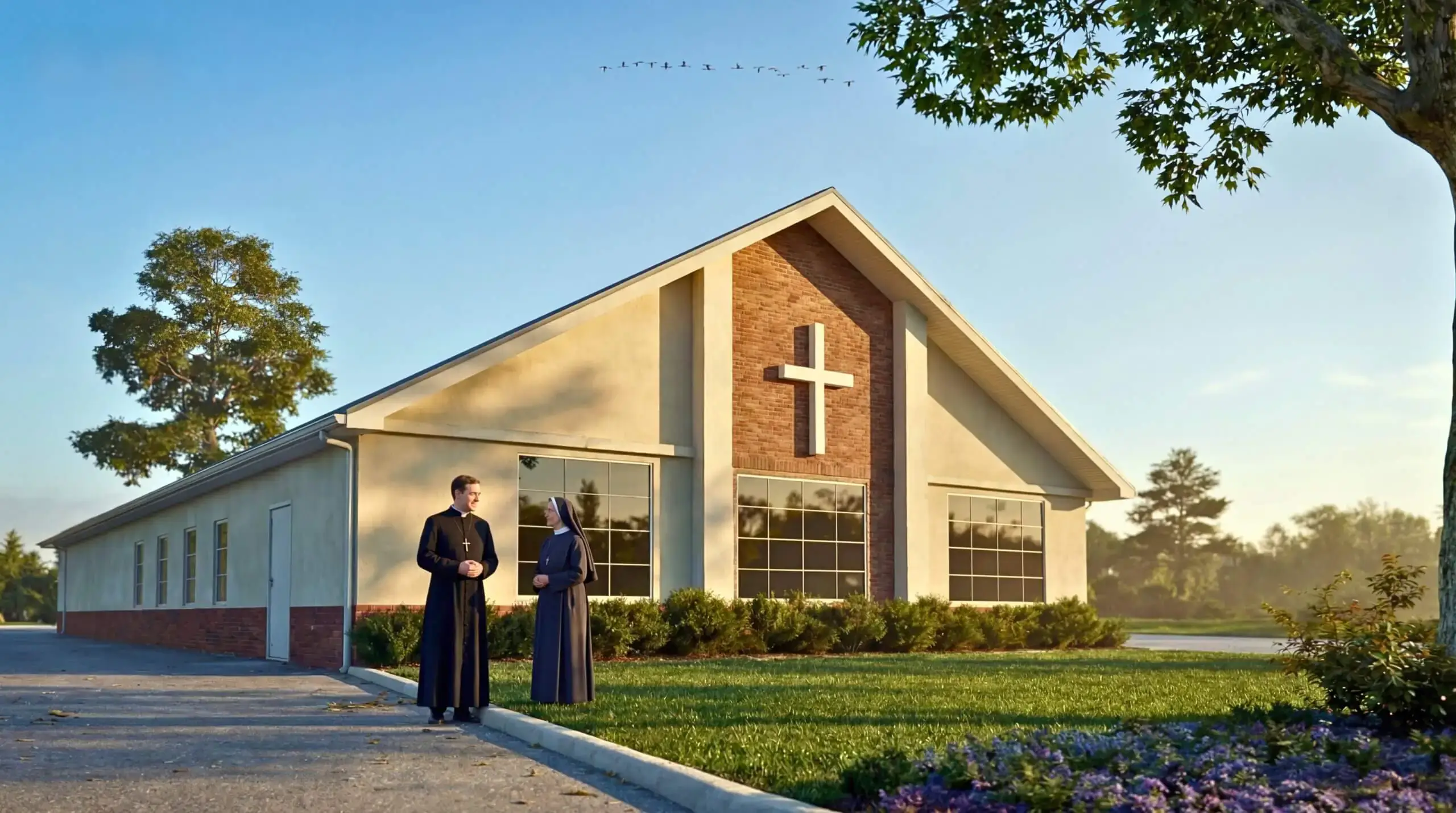 Modern church exterior with cross facade, landscaped lawn, and clergy members standing outside in warm daylight – 3D visualization by Yantram Studio