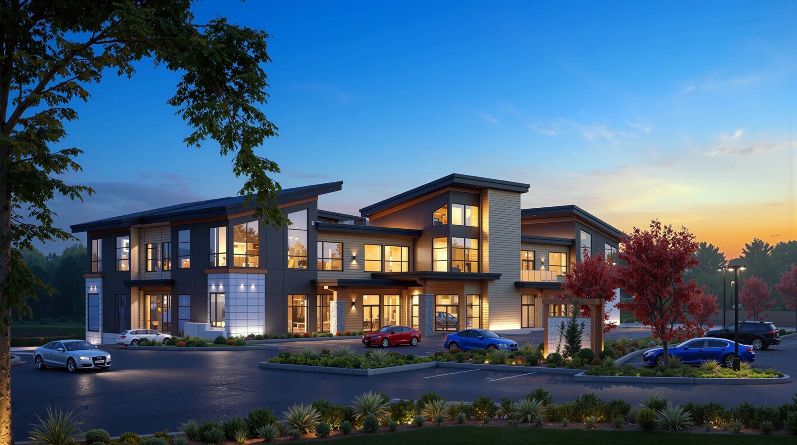 Modern commercial building exterior at dusk. — Architectural Lighting Visualization