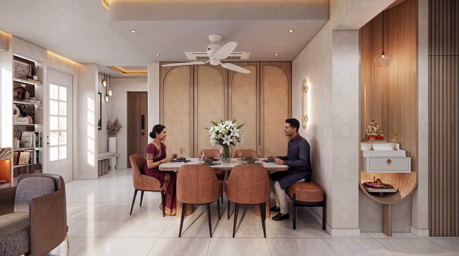 Modern dining and living room interior with warm lighting, wooden accents, and family dining setup in 3D rendering