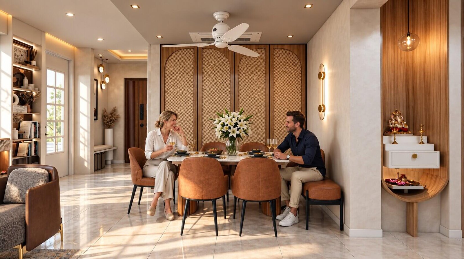 A warm and inviting living room with dining area — Interior Rendering For Architects