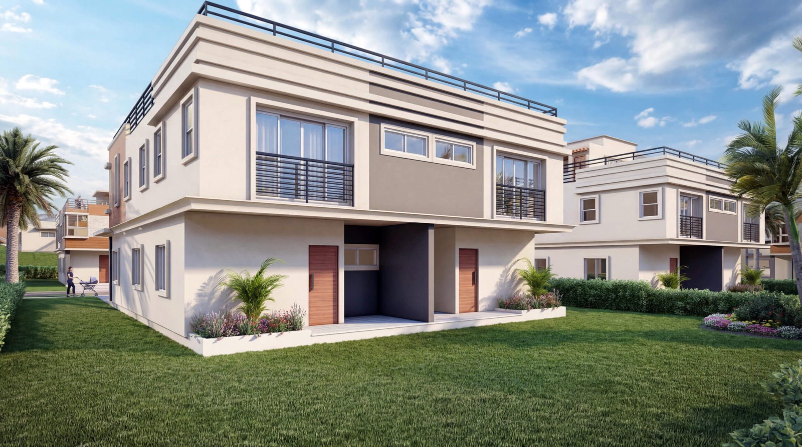 Modern duplex villa exterior with balcony, rooftop terrace, landscaped lawn, and contemporary façade in 3D rendering by Yantram Studio