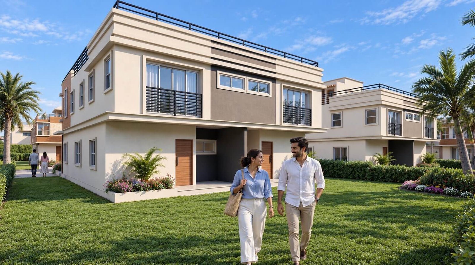 Exterior view of a modern duplex villa with balcony and garden.