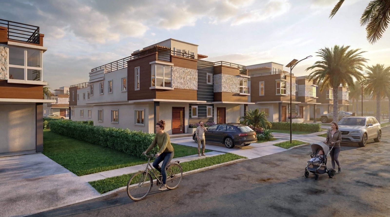 Modern duplex villas street view with cyclist, parked cars, landscaped lawns, and contemporary architecture in 3D rendering  by Yantram Studio