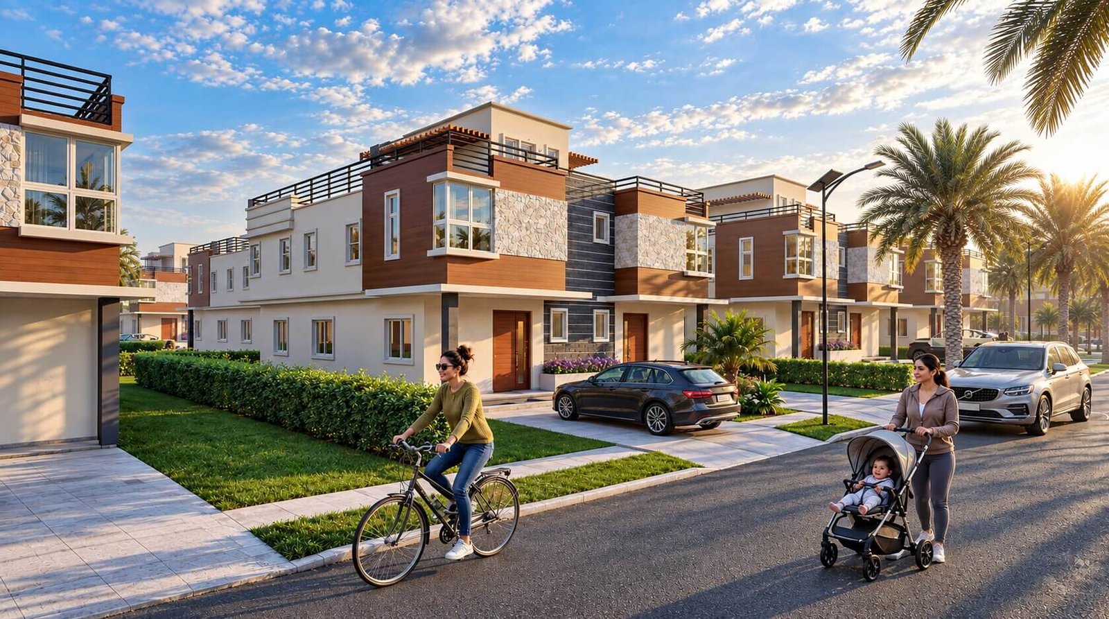 Street view of modern duplex villas with cyclists. — Photorealistic 3D Interior Rendering
