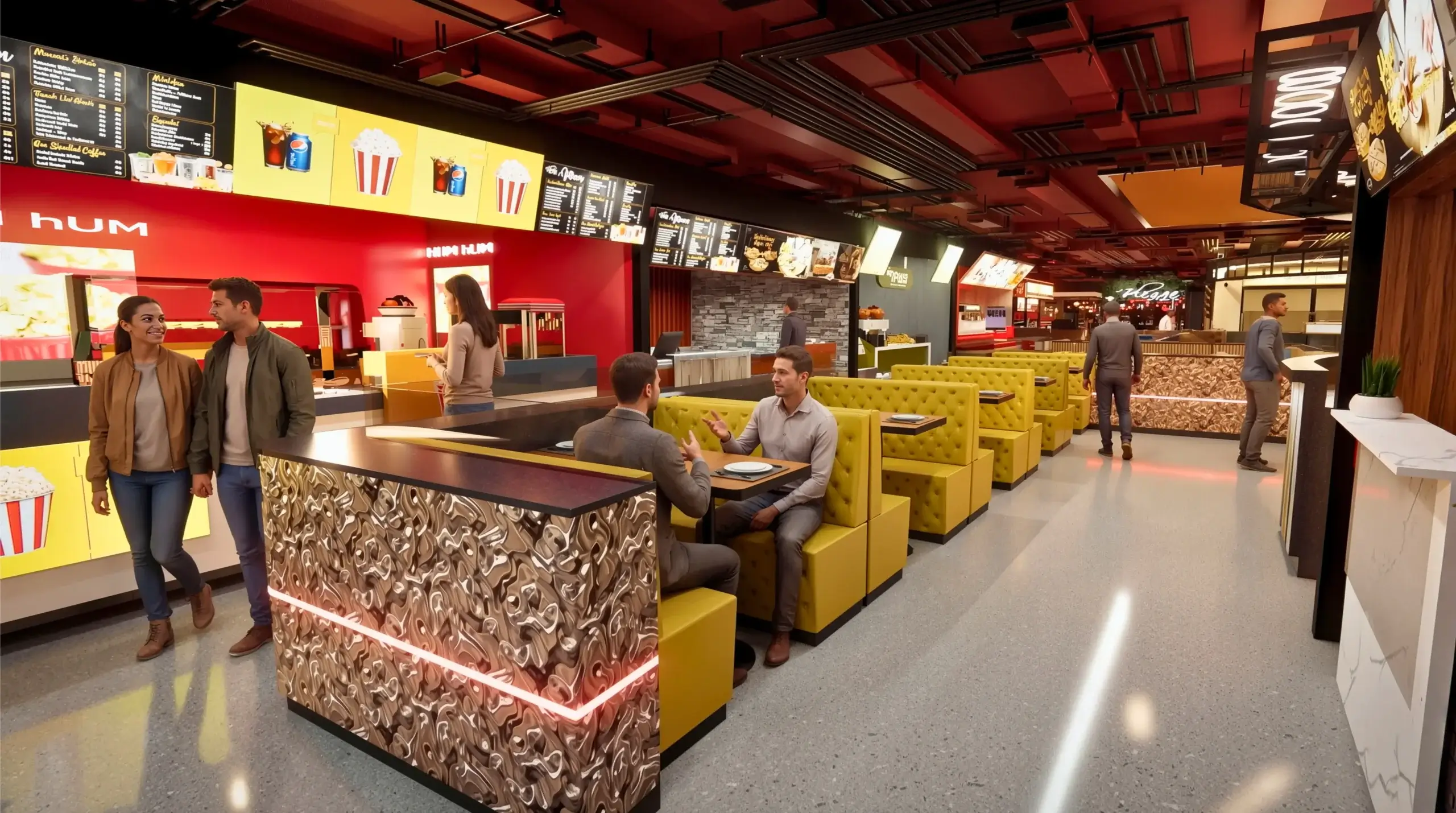 Modern fast food restaurant interior with yellow booth seating, illuminated menu boards, and customers dining– 3D interior rendering by Yantram Studio