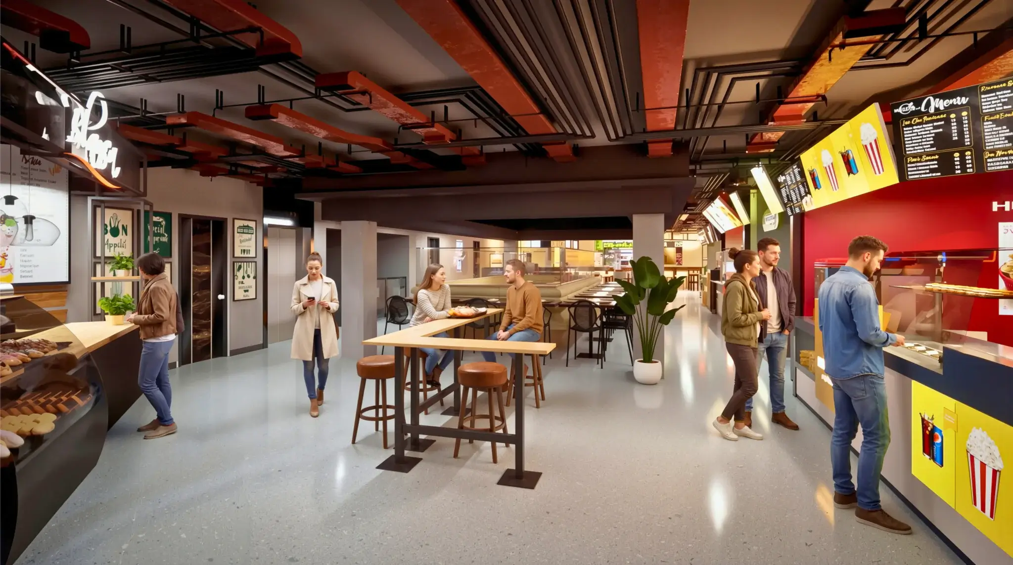 Modern food court interior with multiple food counters, seating area, and people ordering food by Yantram Studio