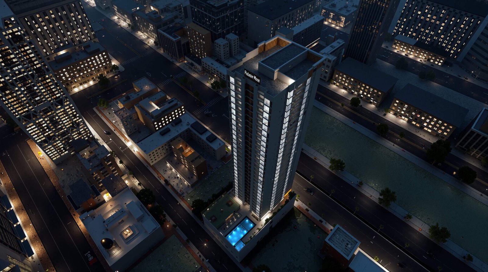 Aerial night view of modern high-rise residential tower with illuminated facade and rooftop amenities – 3D architectural visualization by Yantram Studio