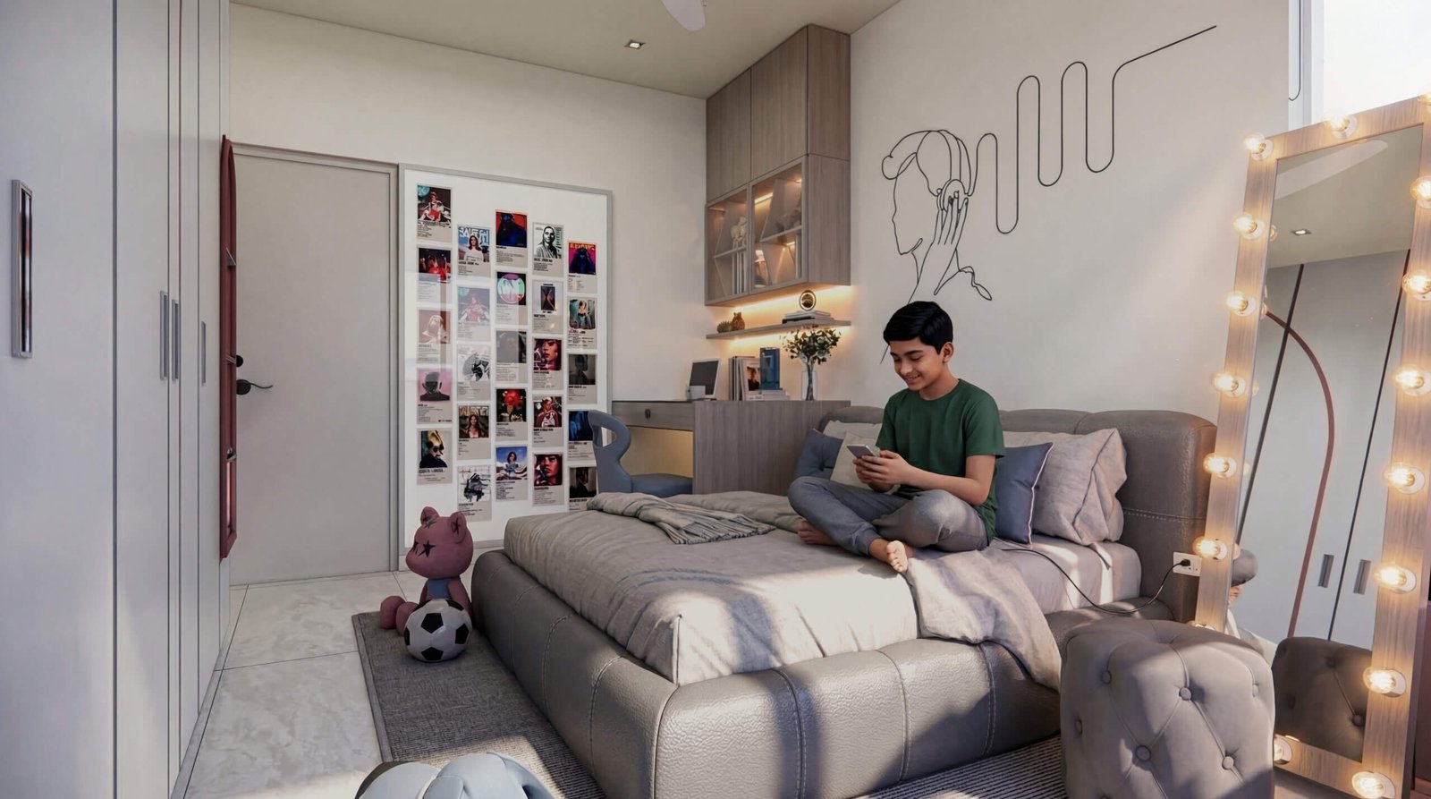 Modern kids bedroom interior with study desk, bed, decorative lighting, and wall art in 3D rendering – 3D visualization  by Yantram Studio