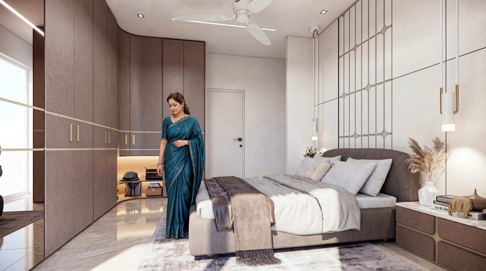 Modern master bedroom interior with built-in wardrobe, soft lighting, and elegant décor in 3D rendering – 3D rendering by Yantram Studio