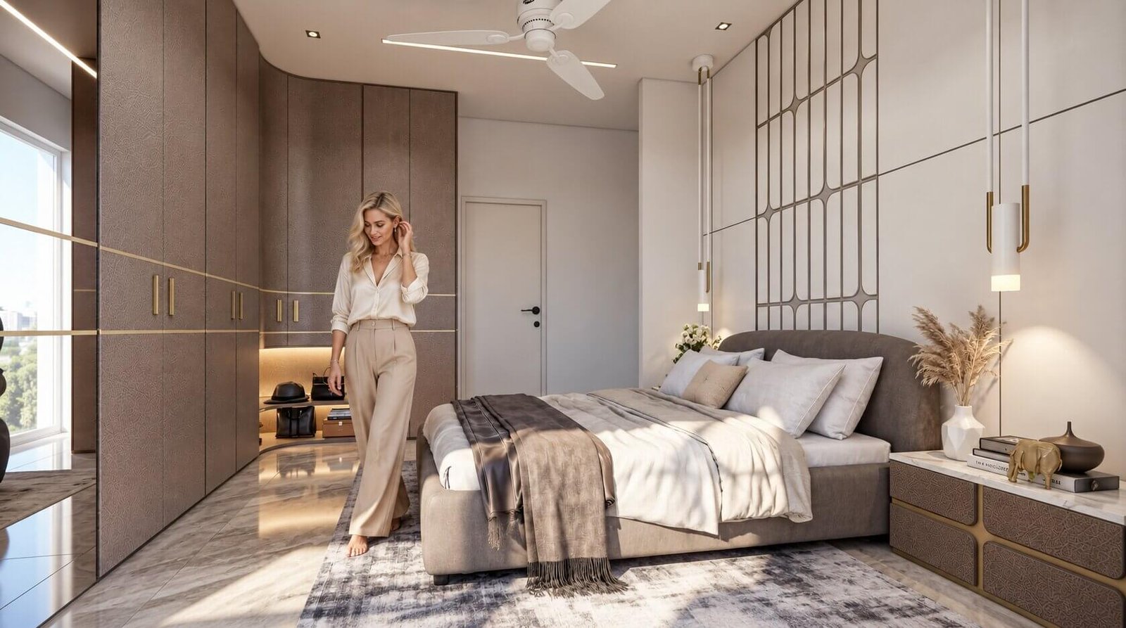 Contemporary bedroom with soft lighting and modern decor. — Housing Rendering