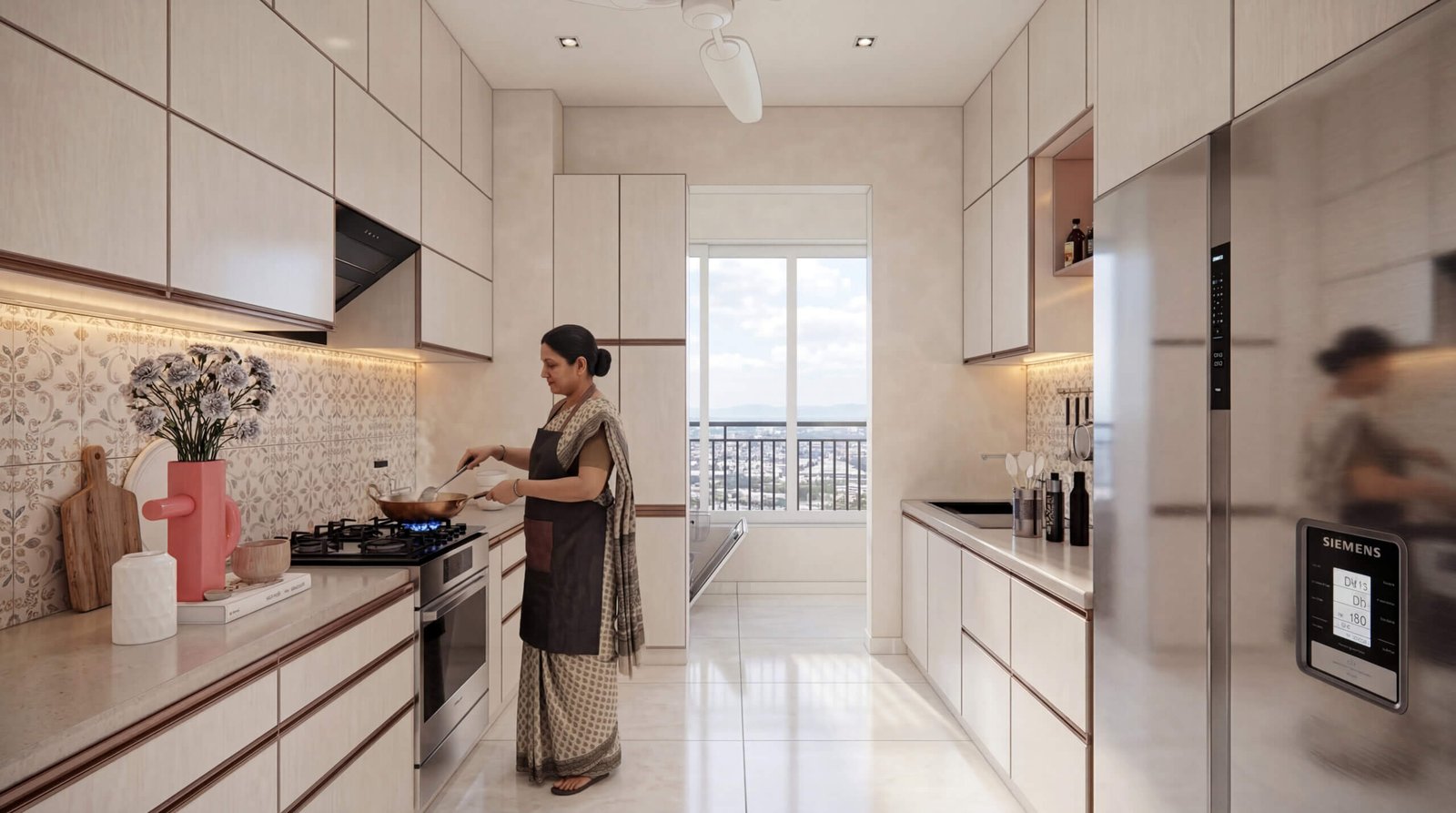 Modern modular kitchen interior with built-in cabinets, appliances, and woman cooking in a bright Indian home setting