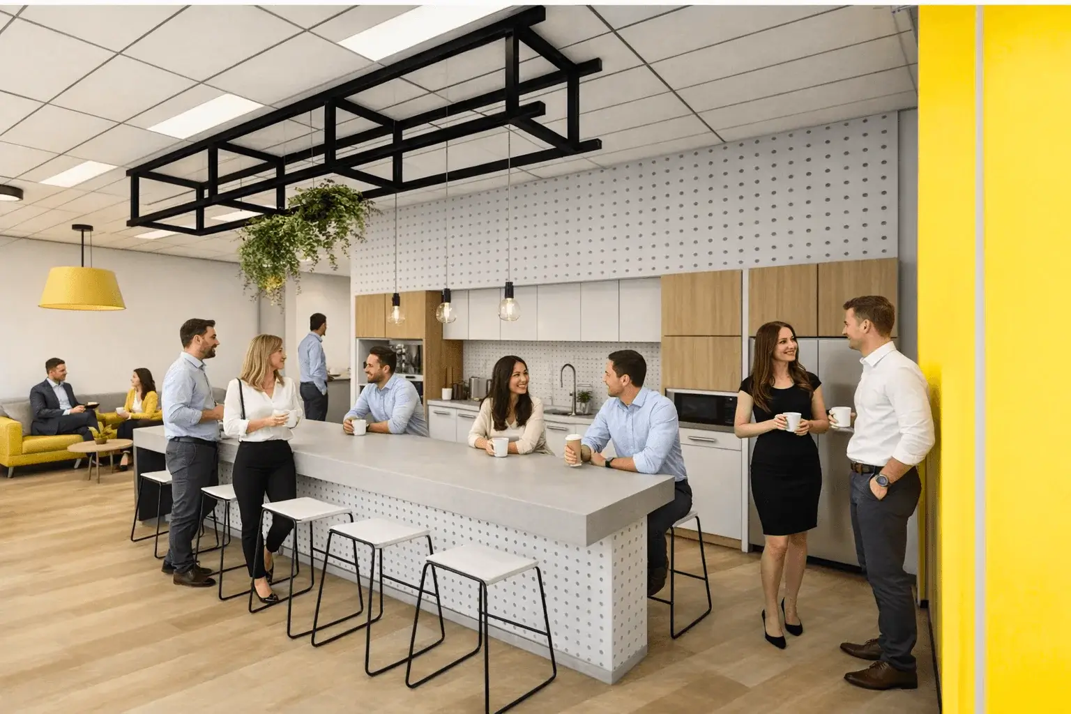 Modern office breakroom with employees socializing around kitchen island, minimalist design, pendant lighting, and collaborative workspace