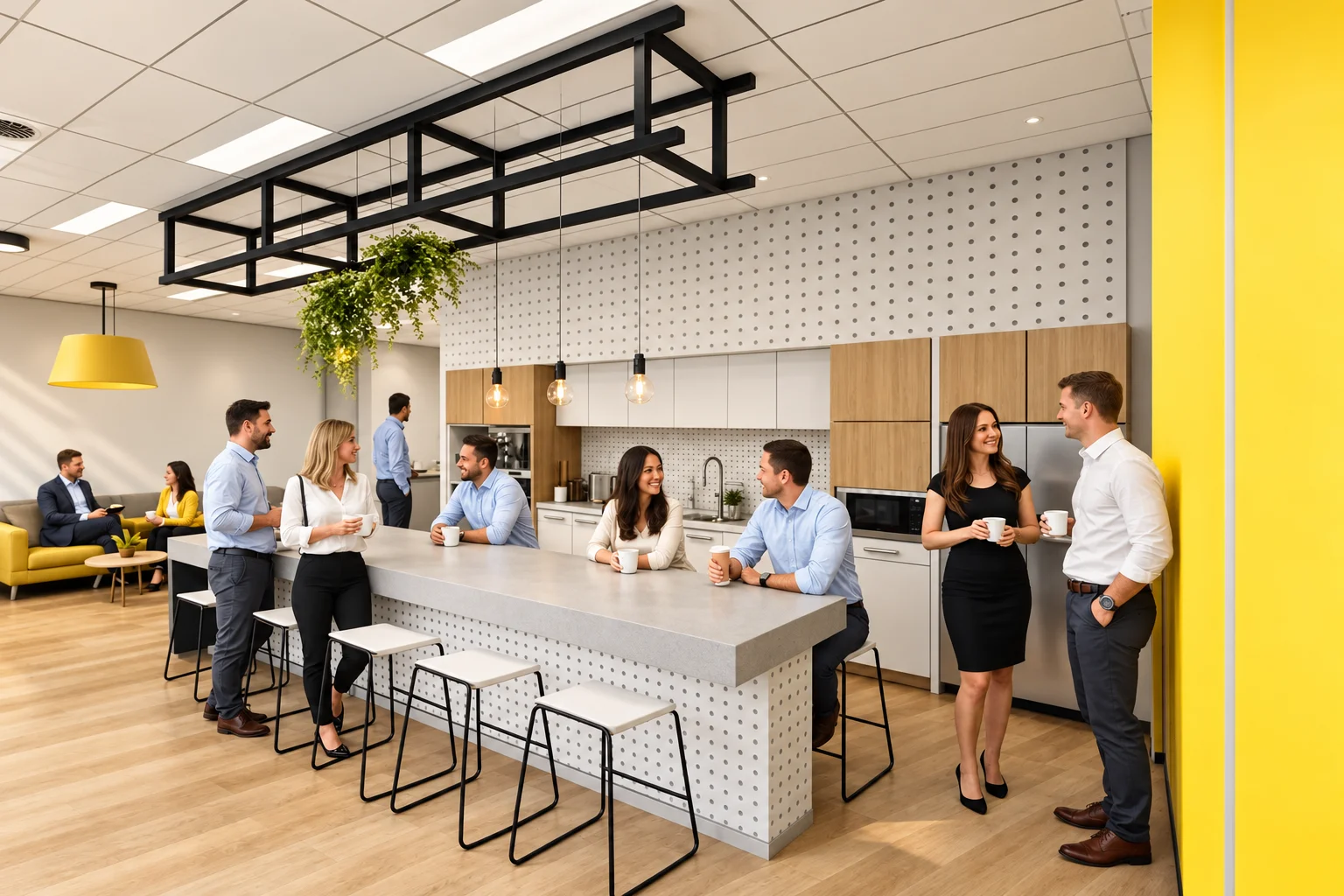 Modern office breakroom with employees interacting — Photorealistic Still Renders