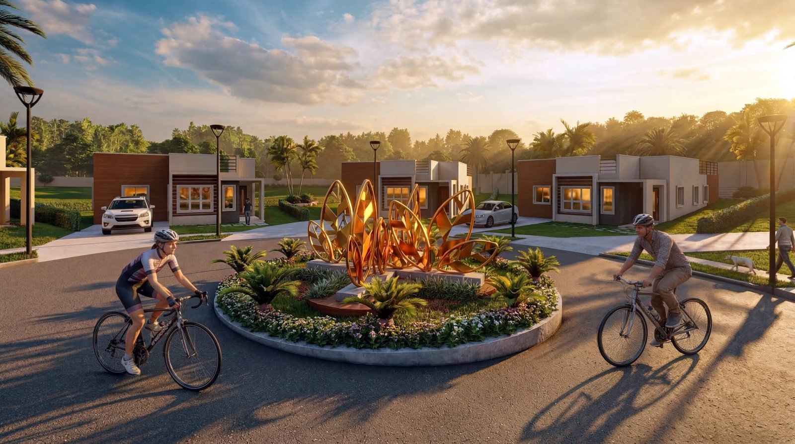 Modern residential roundabout with abstract sculpture, cyclists, villas, and landscaped greenery during sunset in 3D rendering by Yantram Studio