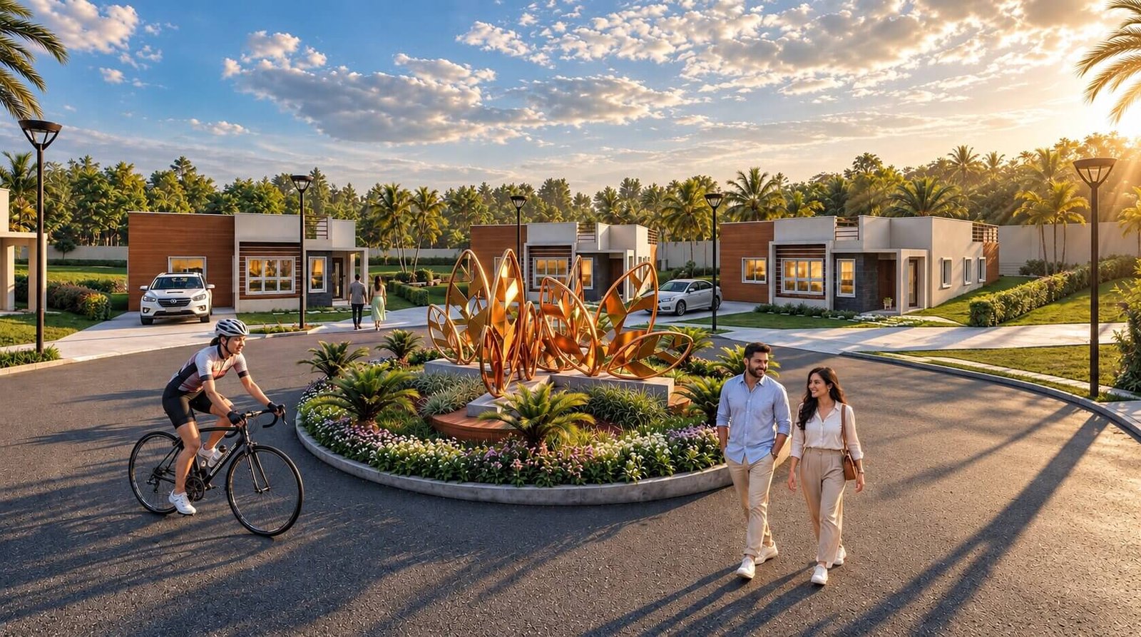 Modern residential roundabout featuring cyclists and sculpture. — Rooftop Terraces