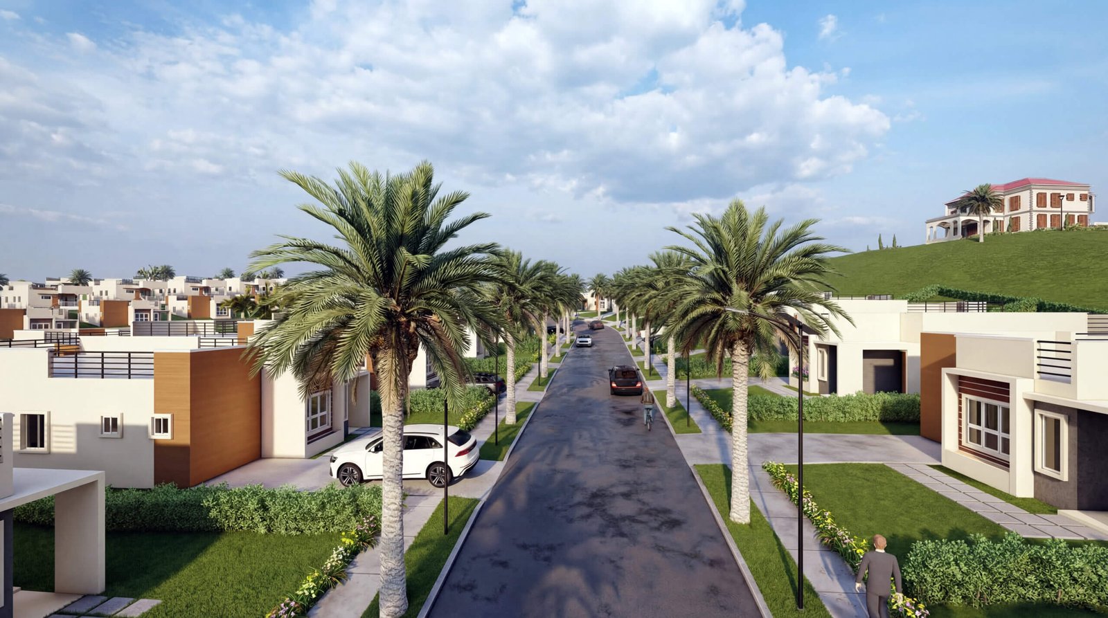 Modern residential street with palm trees, villas, parked cars, and landscaped sidewalks in 3D rendering– 3D rendering by Yantram Studio