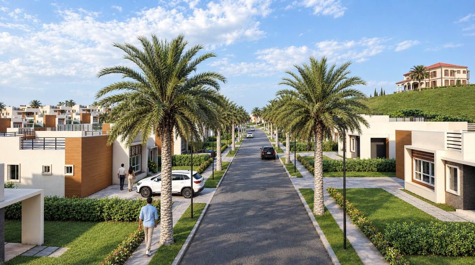 A palm tree-lined residential street with modern villas.