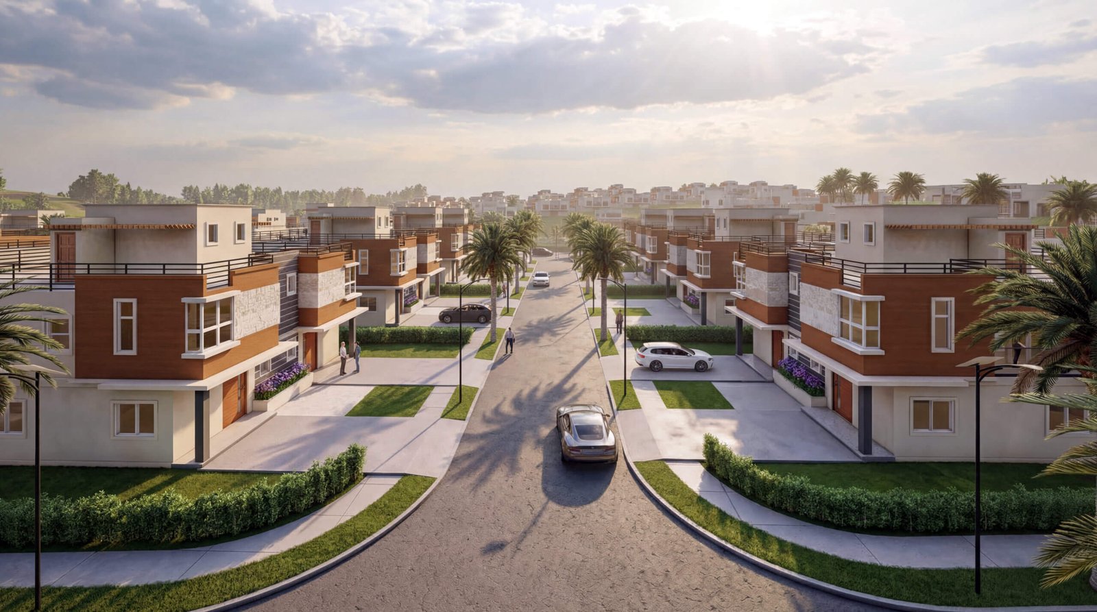 Aerial view of modern residential township with villas, central road, landscaped greenery, and parked cars in 3D rendering