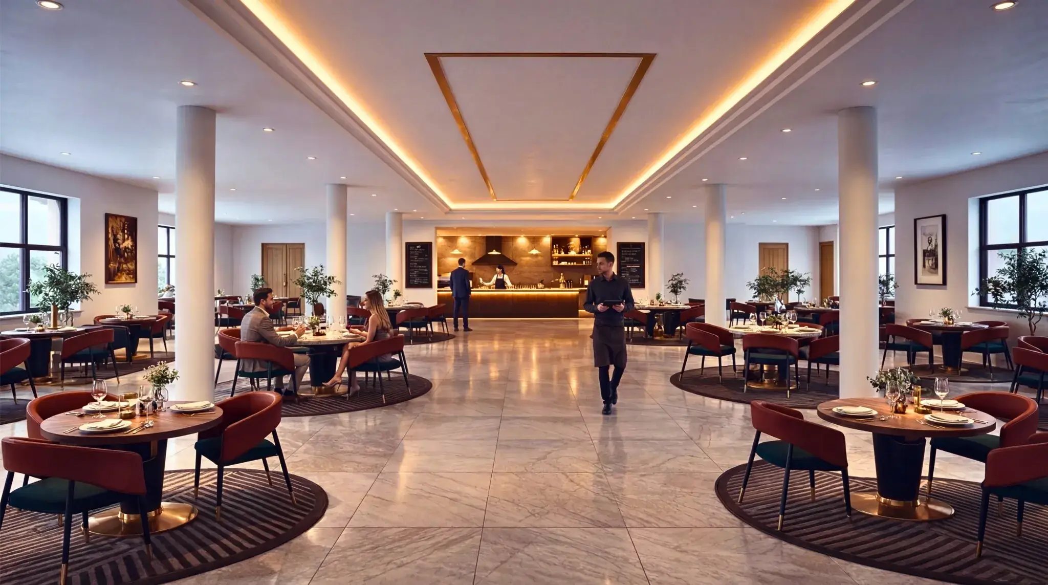 Modern luxury restaurant interior with elegant seating, marble flooring, warm ambient lighting, and central bar area-3D architectural visualization by Yantram Studio