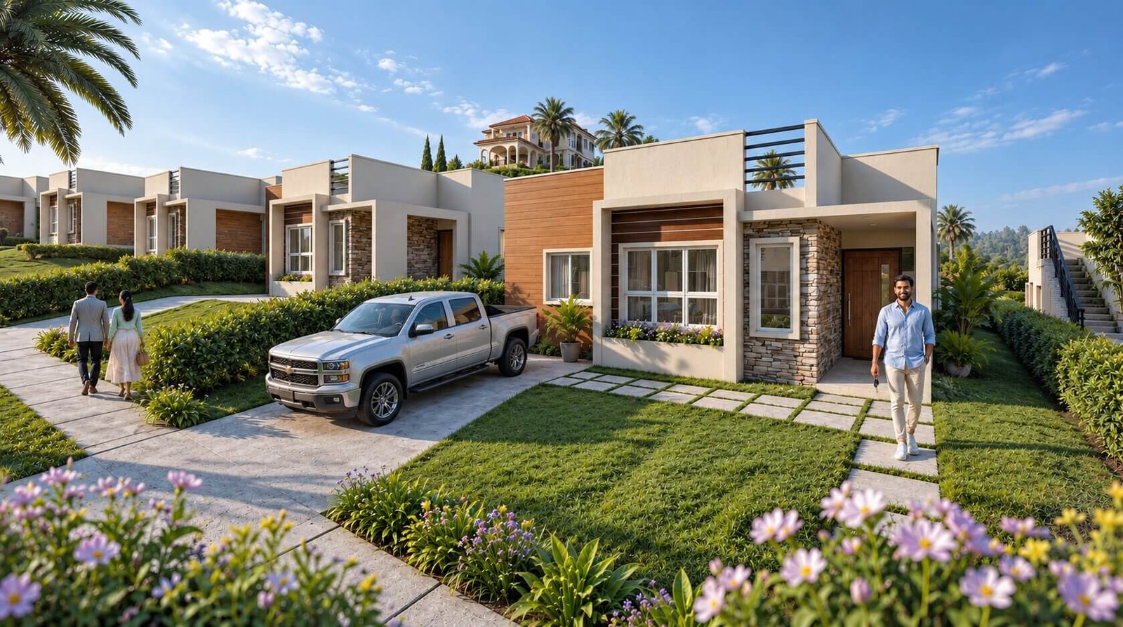 Modern single-story villa with landscaped driveway, garden and residential community in Geneva, Switzerland 3D rendering