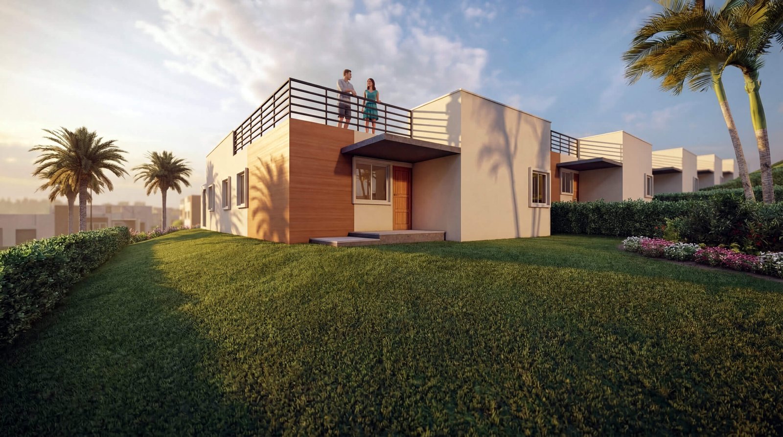 Modern villa backyard with green lawn, rooftop terrace, outdoor seating, and warm sunset lighting in 3D rendering – 3D visualization by Yantram Studio