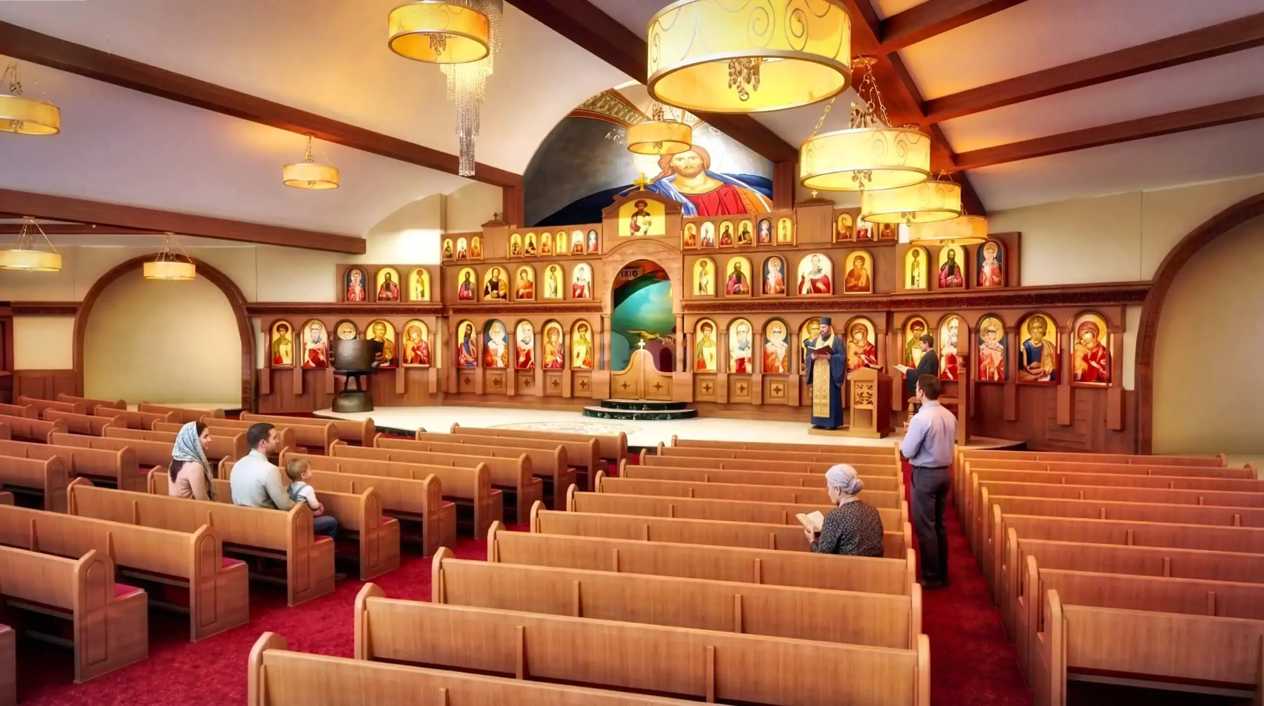Orthodox church interior with iconostasis, religious paintings, wooden pews, and priest conducting a service with a small congregation by Yantram Studio