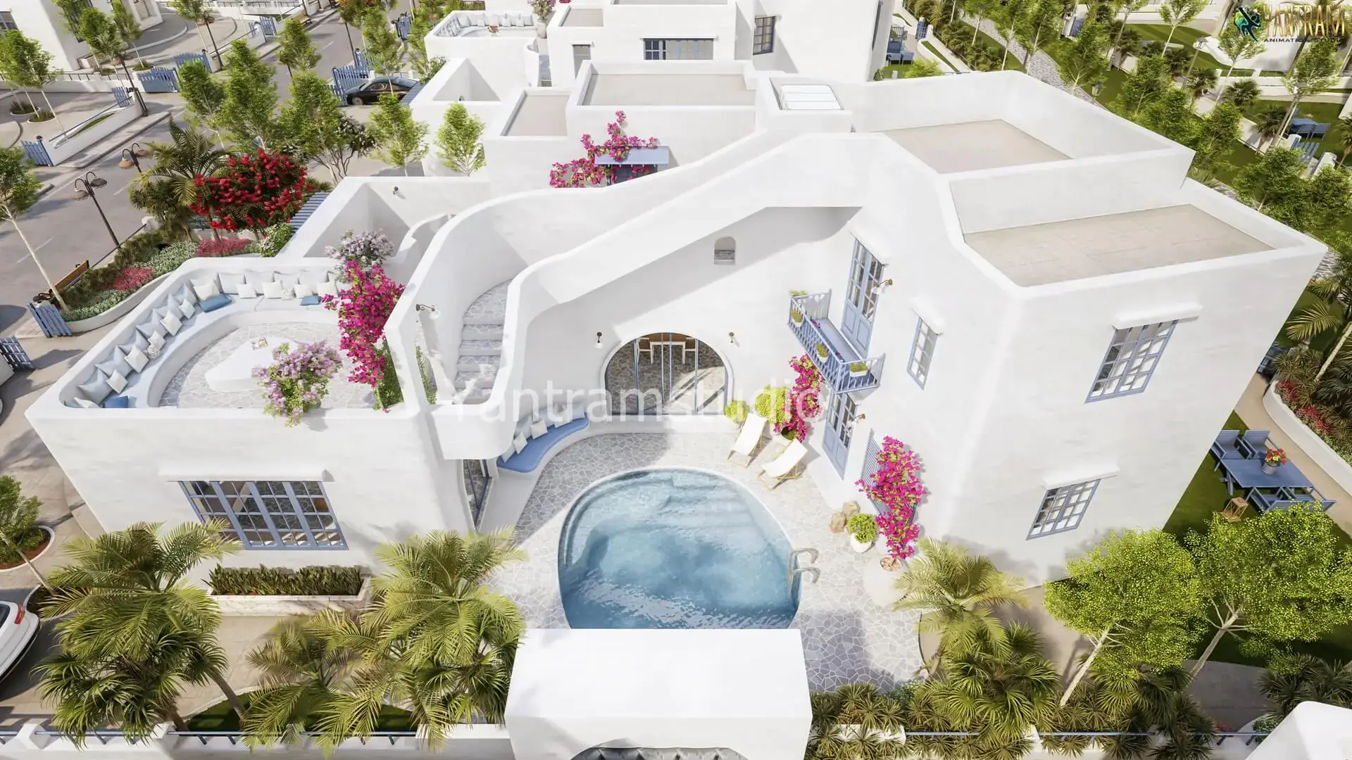 Aerial view of luxury white villa with central swimming pool, landscaped garden, and modern design – 3D visualization by Yantram Studio