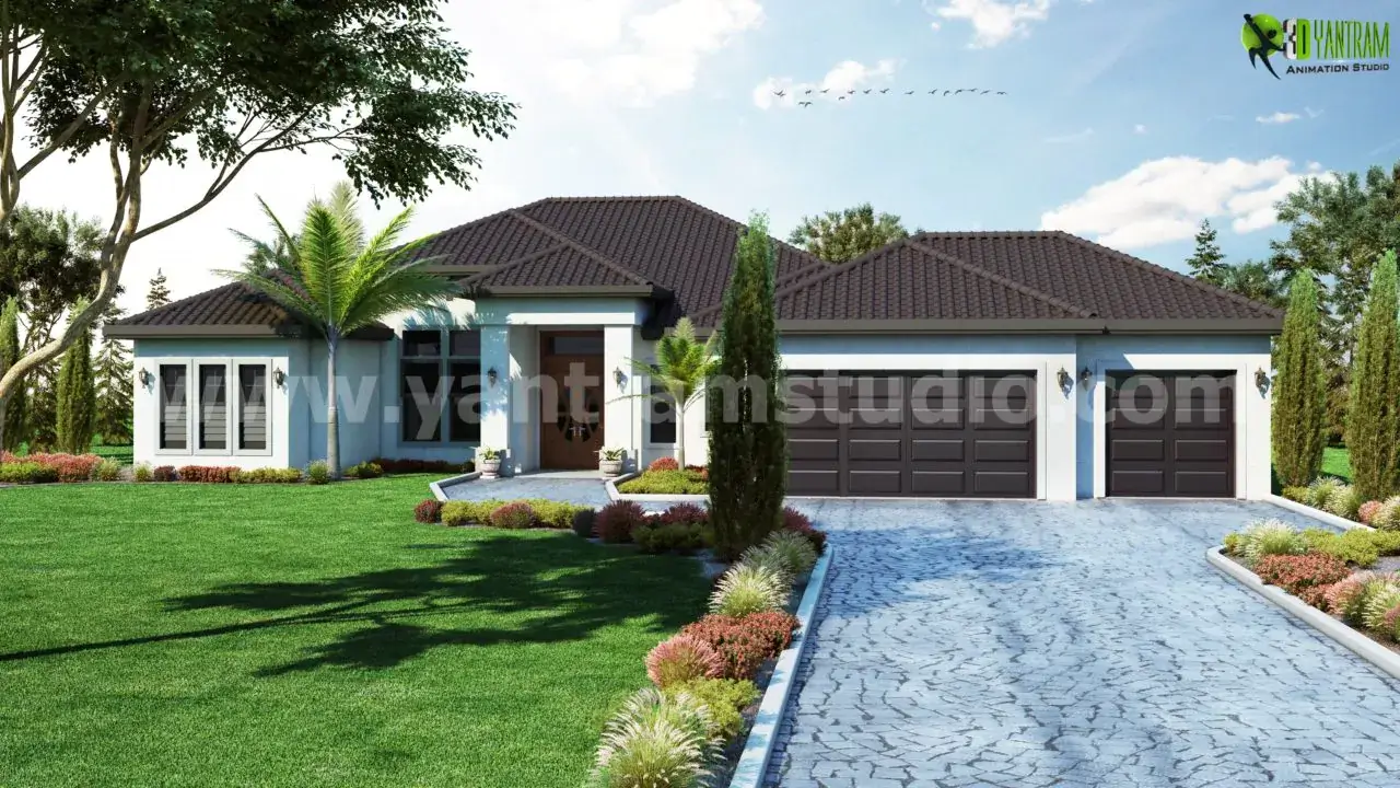Photorealistic 3D exterior rendering of a luxury contemporary bungalow with tiled roof, landscaped lawn, curved driveway, palm trees, and modern garage doors.