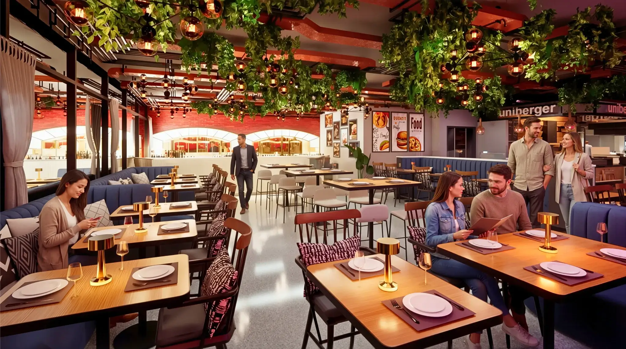 Modern restaurant interior with hanging greenery ceiling, warm lighting, and stylish dining seating– 3D rendering by Yantram Studio