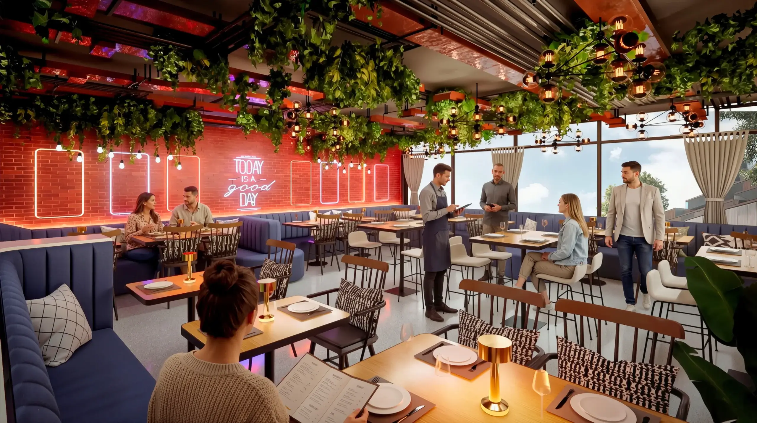 Modern restaurant interior with warm lighting, wooden ceiling, greenery, and people dining – 3D visualization by Yantram Studio,
